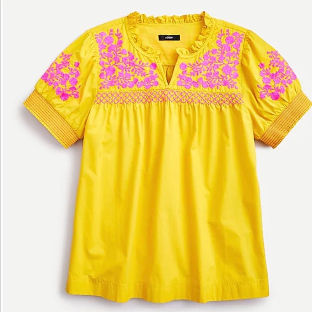 Embroidered cotton poplin puff-sleeve top NWOT